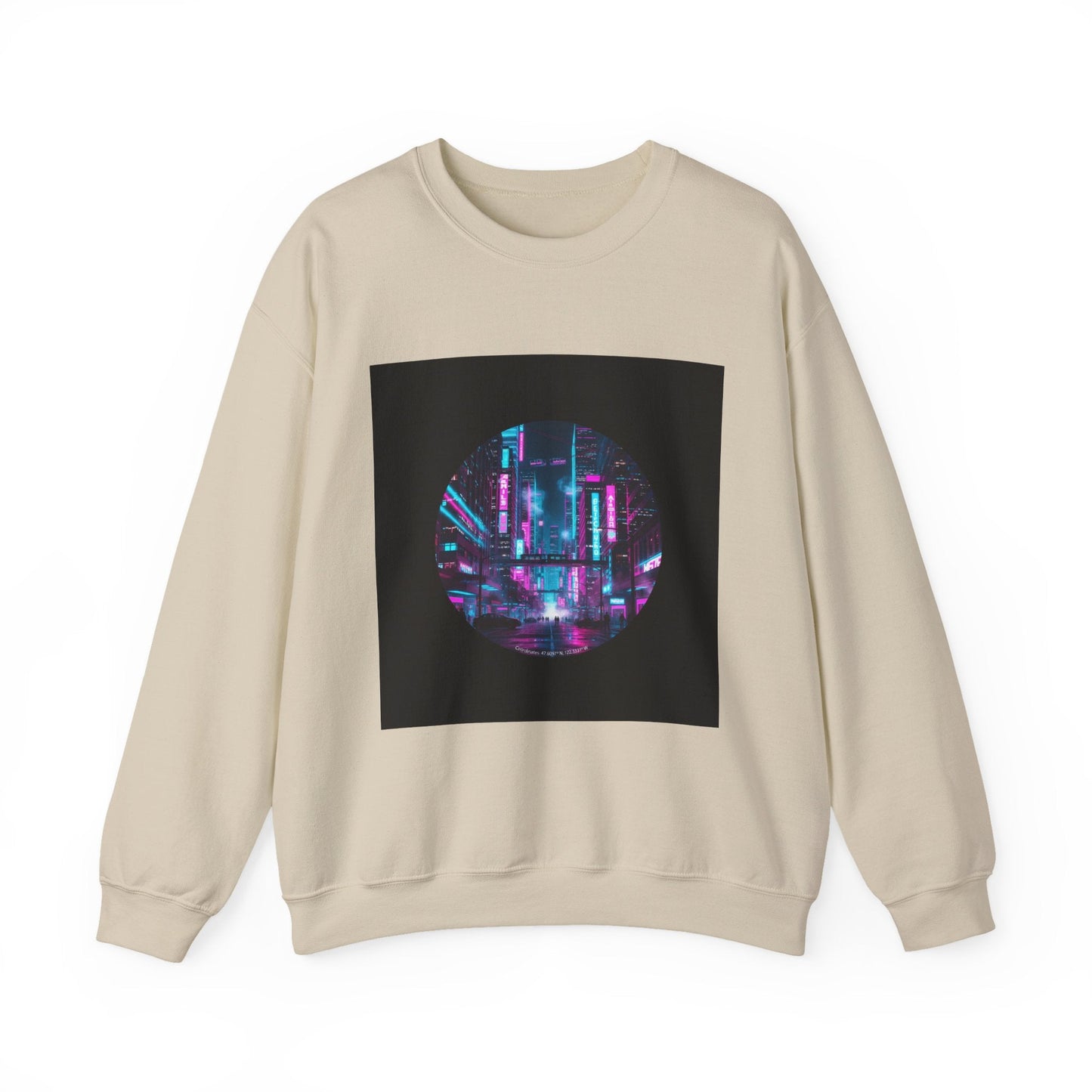 Neon Cyberpunk Skyline Sweatshirt | synthwave cityscape, future city art