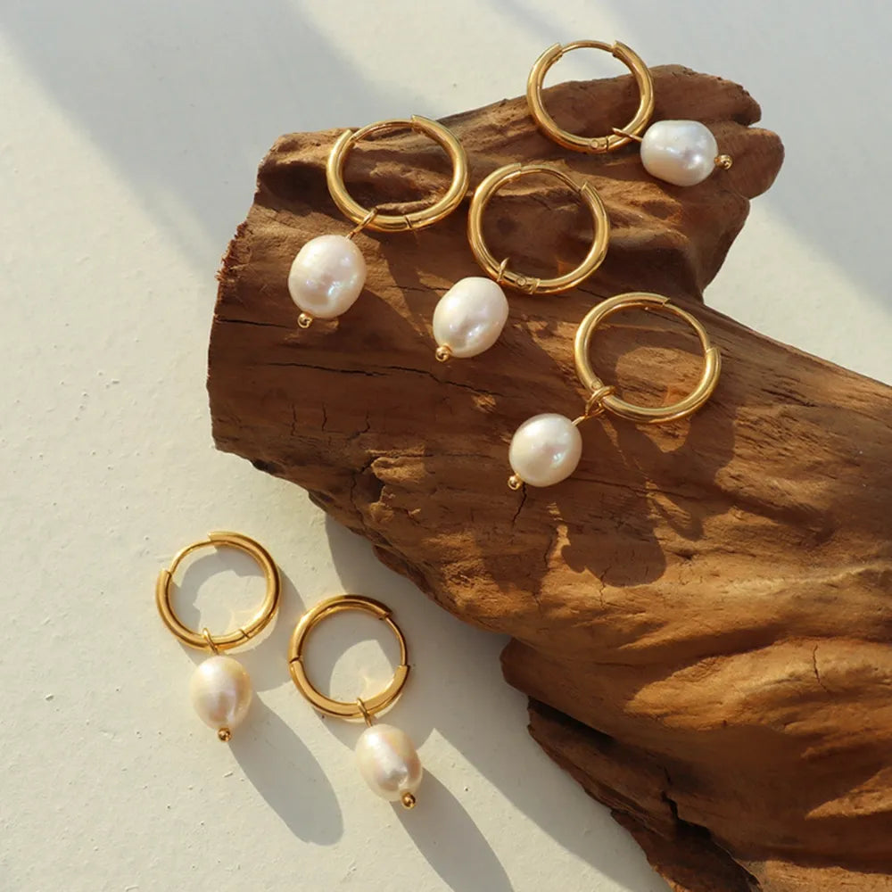 Retro earrings freshwater pearl ring earrings titanium steel 18K plated with real gold jewelry