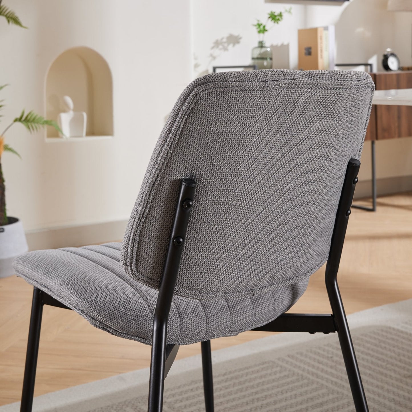 2-piece retro linen chair set with curved wooden backrest, cushioned seat, adjustable metal legs, (gray linen)