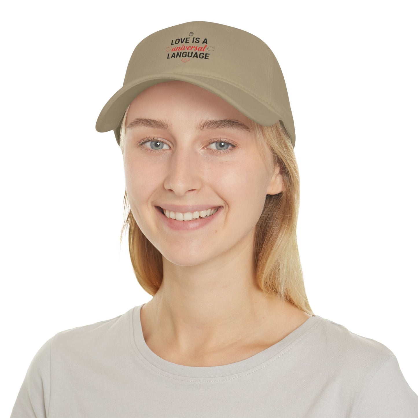 Low Profile Baseball Cap — "Love Is a Universal Language" Embroidered Beige Hat