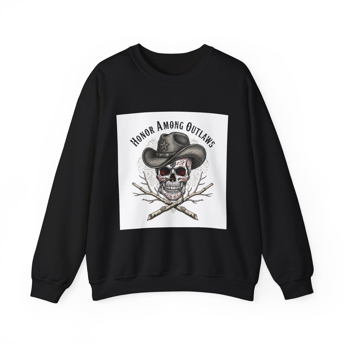 Honor Among Outlaws Crewneck, western skull art | gothic Americana, desert noir design