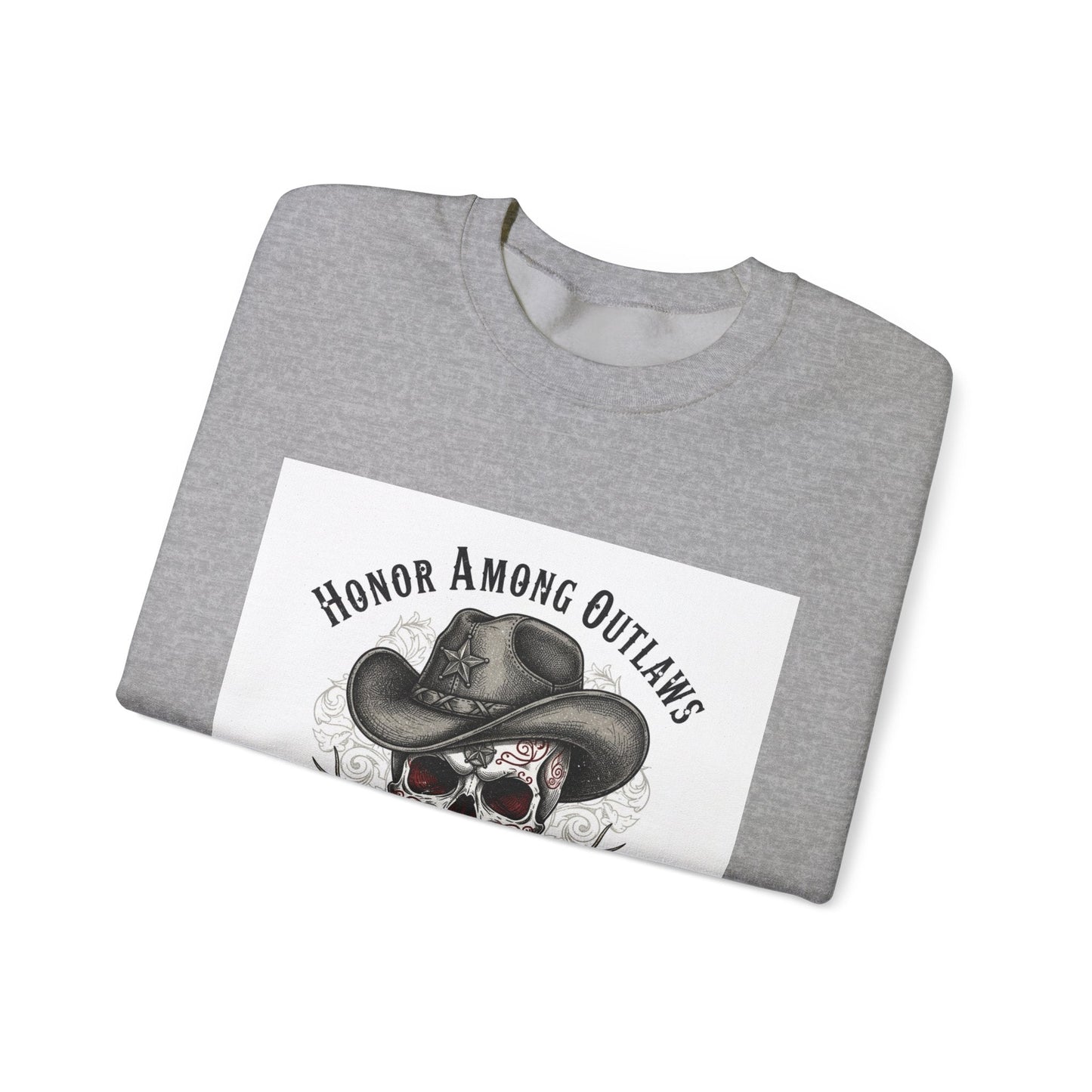 Honor Among Outlaws Crewneck, western skull art | gothic Americana, desert noir design
