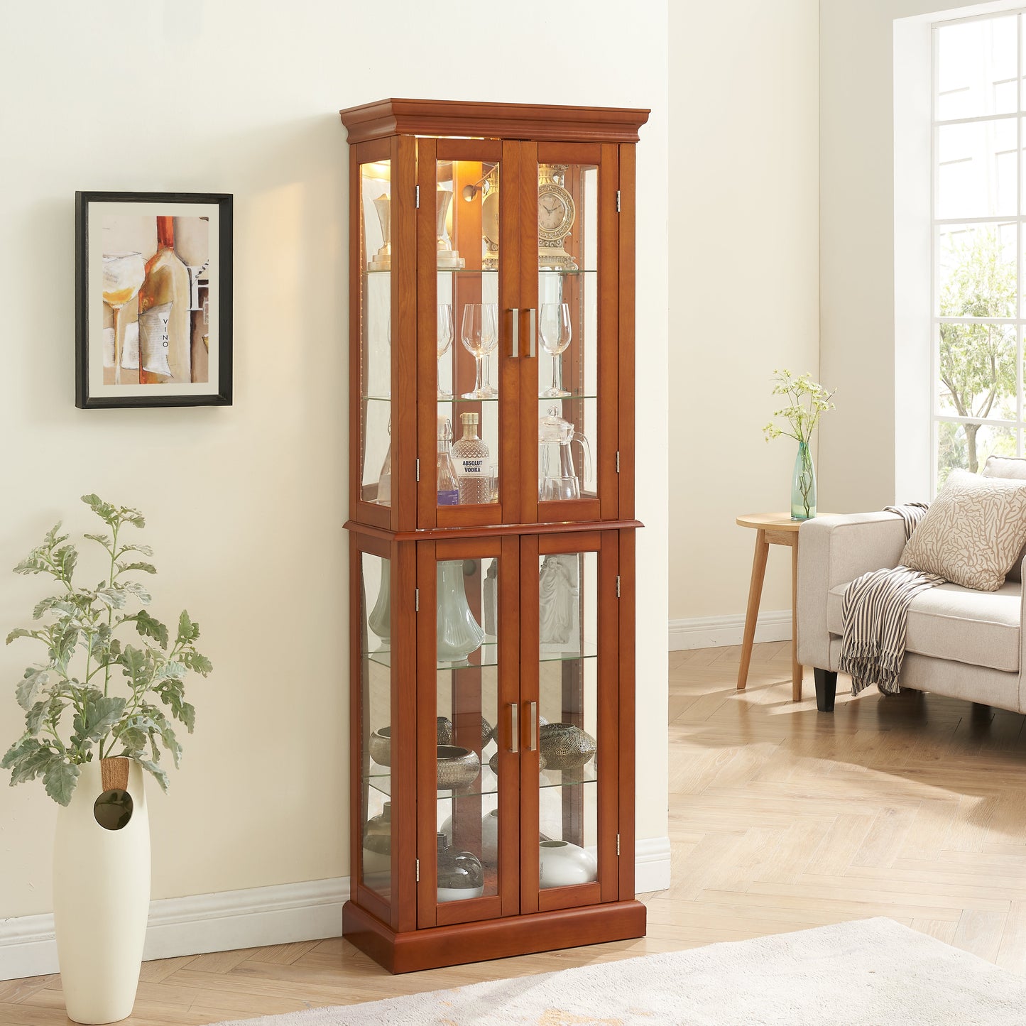 Lighting Curio Diapali cabinet with adjustable shelves, mirror back panel, tempered glass door (without light bulb), walnut wood