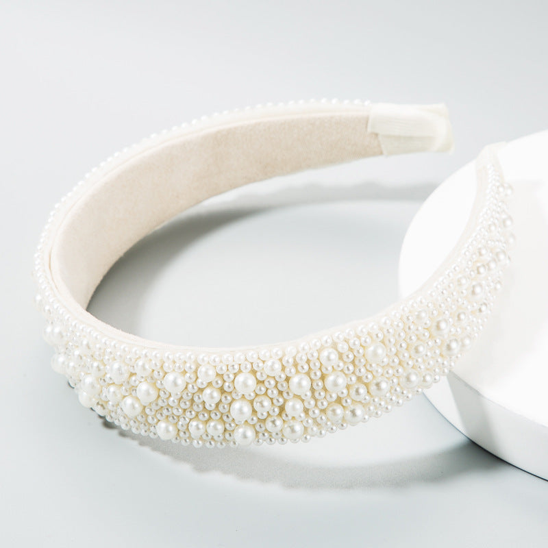 Trend Light Luxury Pearl Headband Hair Accessories Bride Retro Headwear Hand-Sewn Sponge Wide-Brimmed Headband