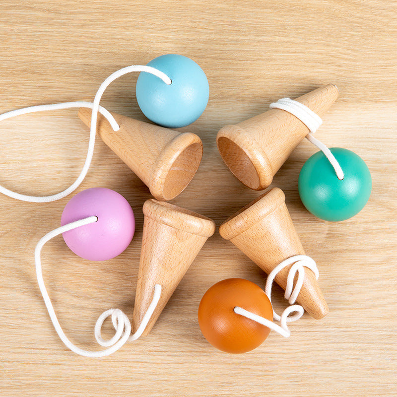 Hand eye coordination traditional toy wooden skill cup sensory integration training throwing and catching ball
