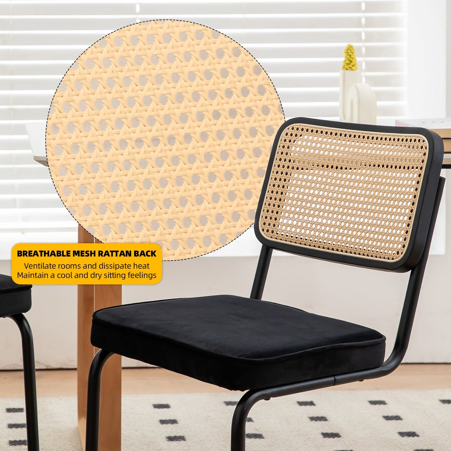 Dining Chairs Set of 2 velvet wicker side decorative chairs, black painted legs, modern medieval Bruell designed chairs,