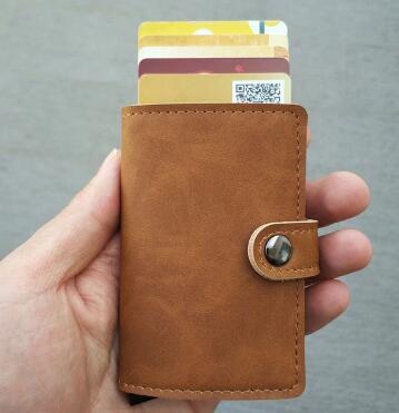 RFID Protected Vintage Automatic Leather Credit Card Holder Men Aluminum Alloy Hasp Business ID Multifunction Cardholder Wallet