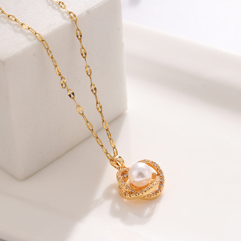 Titanium Steel Necklace Women''s Hollow Bird''s Nest Imitation Pearl Pendant