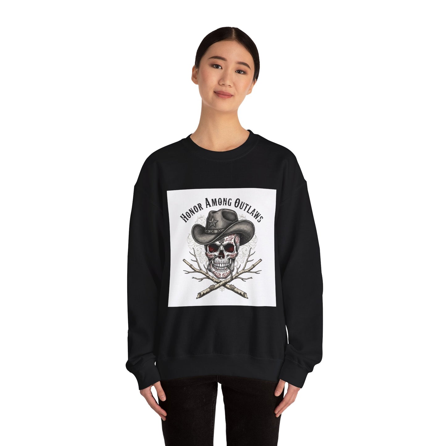 Honor Among Outlaws Crewneck, western skull art | gothic Americana, desert noir design