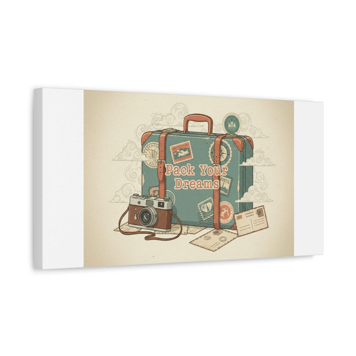 Pack Your Dreams Canvas | Retro Travel Postcard, Wanderlust Passport Stamp Art