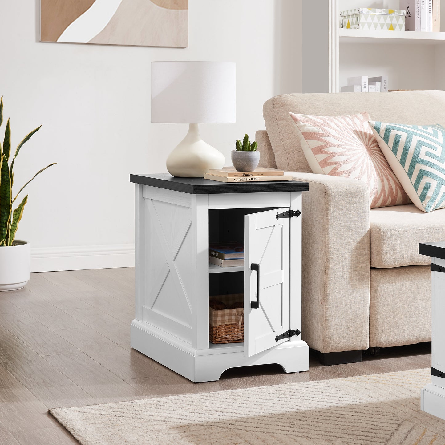 Farmhouse tea table bedside table rectangular farmhouse tea table with barn door and adjustable storage rack, white