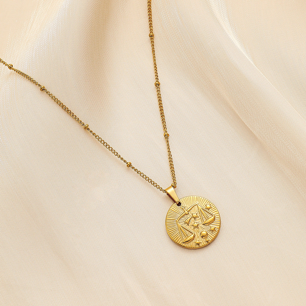 Stainless Steel Round Twelve Constellation Coin Relief Necklace