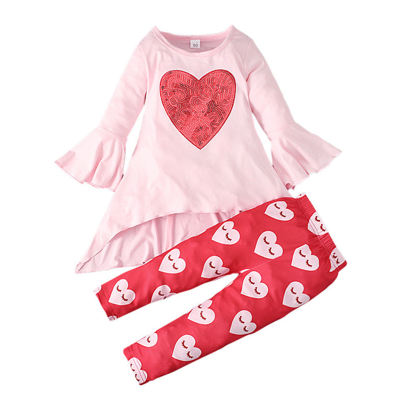 Fashion Flared Sleeve Top Trousers Love Pattern Two-piece Suit