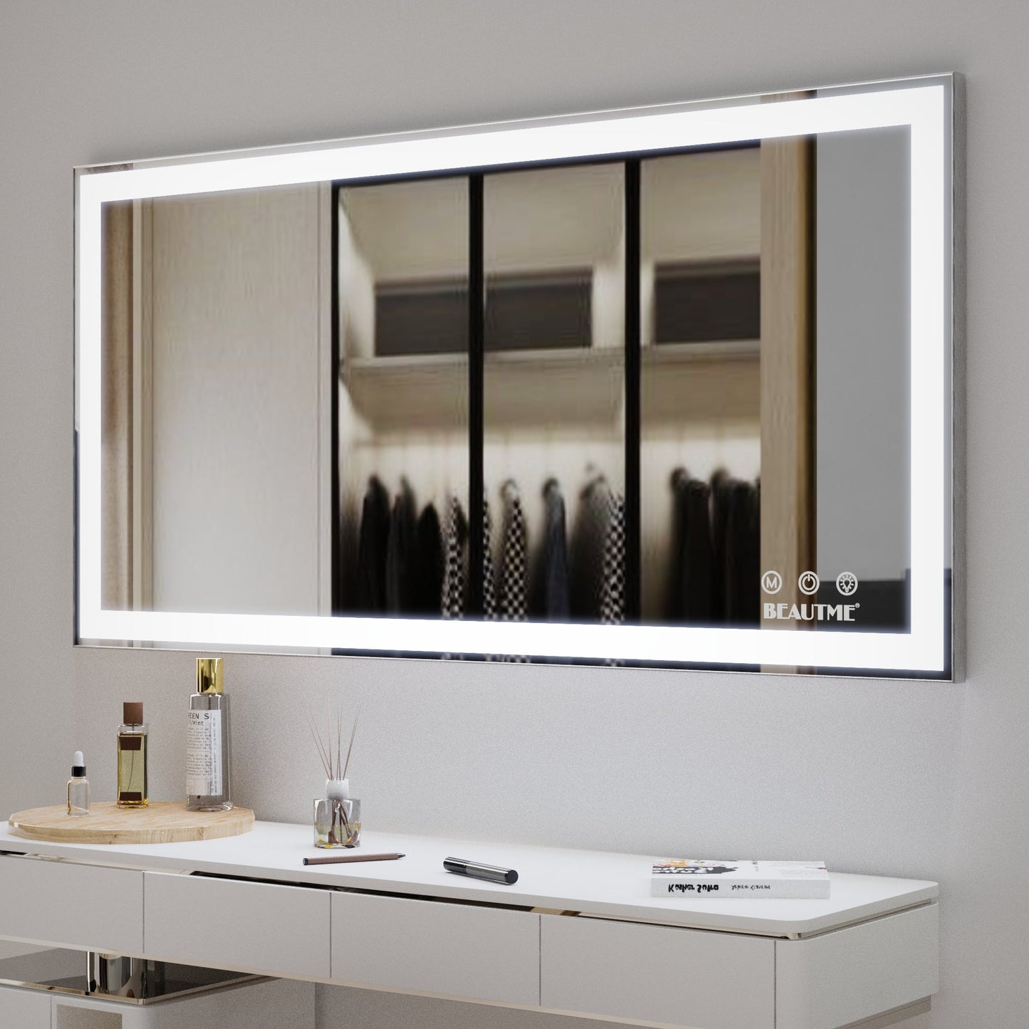 48x24 inch LED bathroom makeup mirror wall mounted adjustable light anti fog touch switch with memory intelligent large bathroom