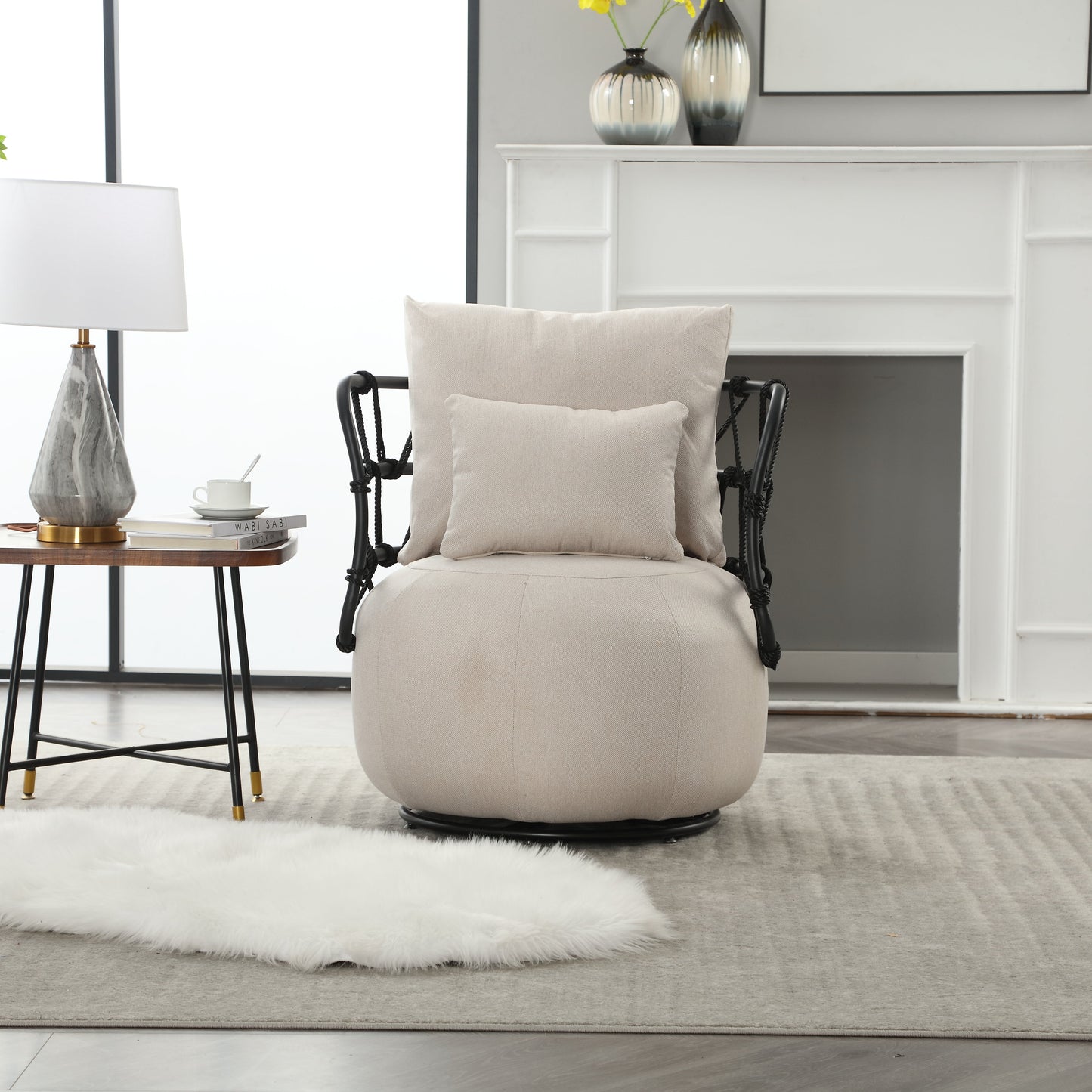 COOLMORE Upholstered Tufted Living Room Chair Textured Linen Fabric Accent Chair with Metal Stand