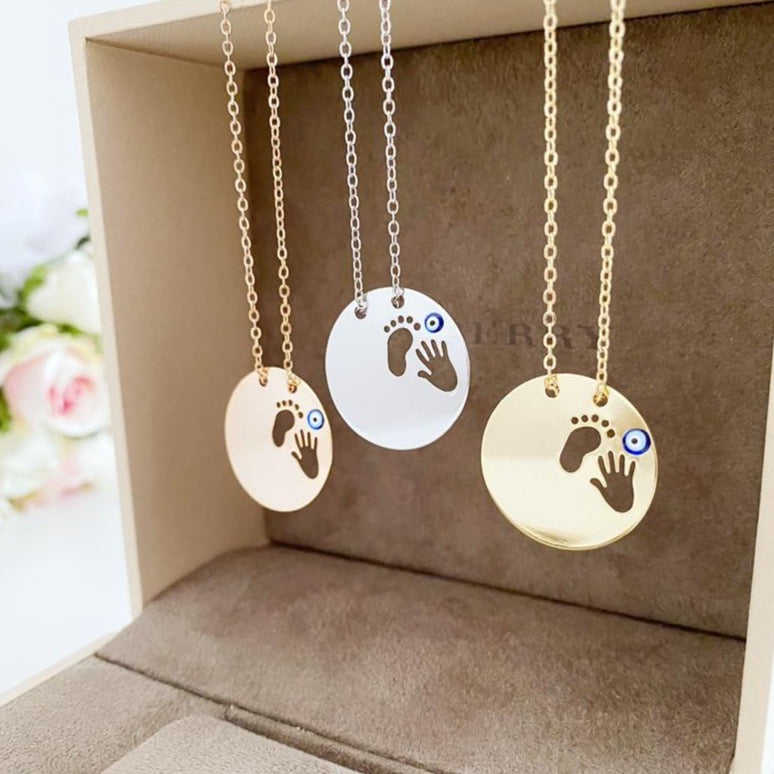 New Baby Necklace, Evil Eye Necklace, Foot Hand print, New Mom