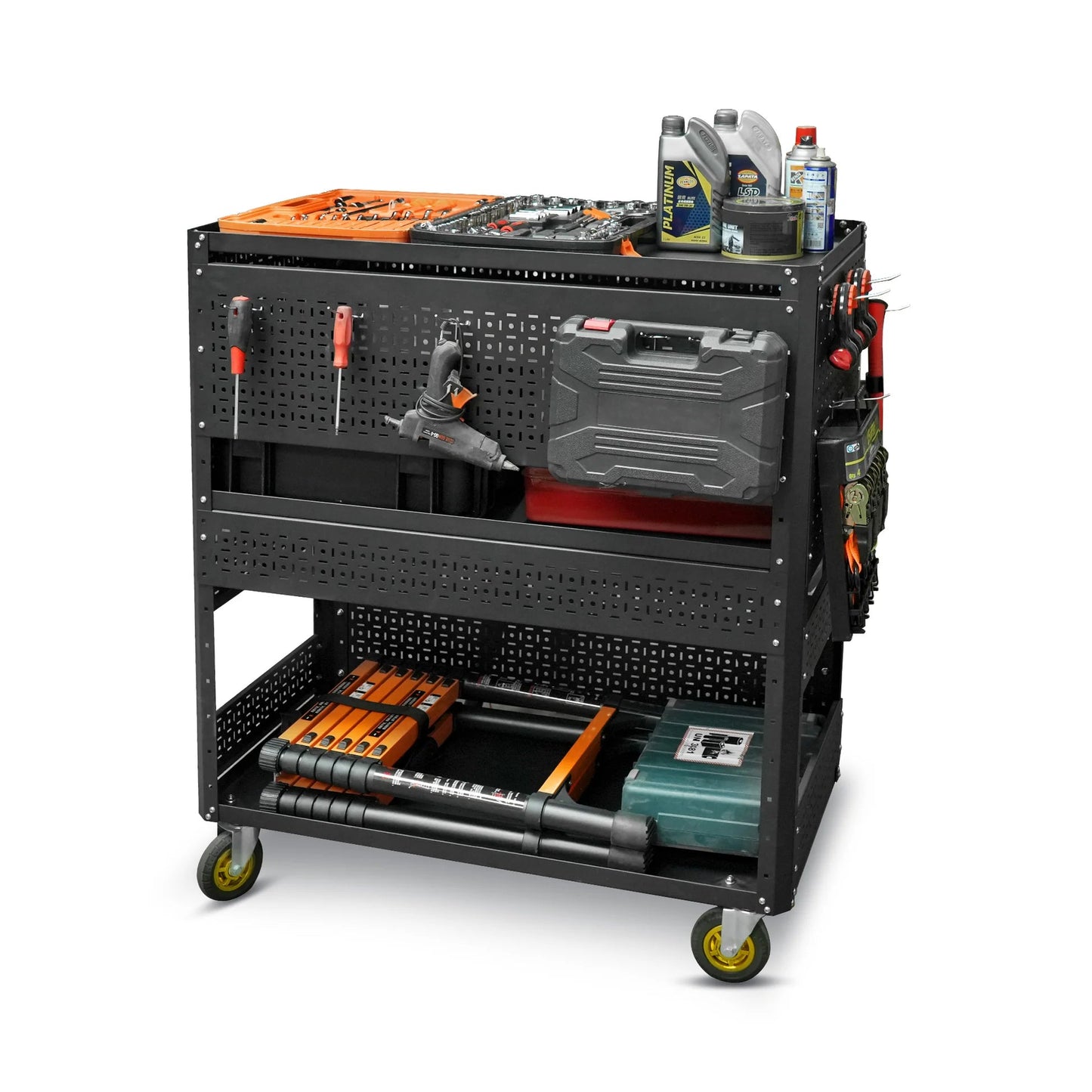 3-Tier Adjustable Rolling Tool Cart | Garage & Workshop Organizer w/ Steel Pegboard