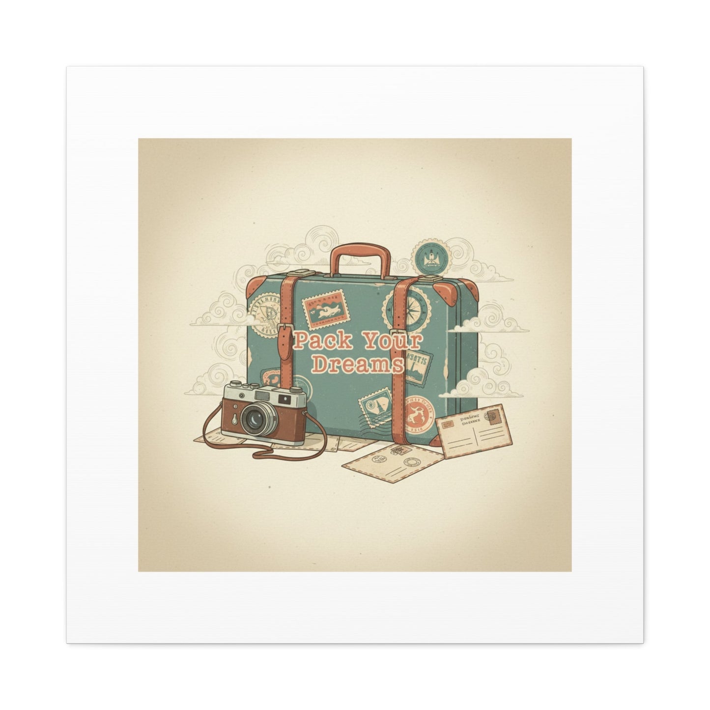 Pack Your Dreams Canvas | Retro Travel Postcard, Wanderlust Passport Stamp Art