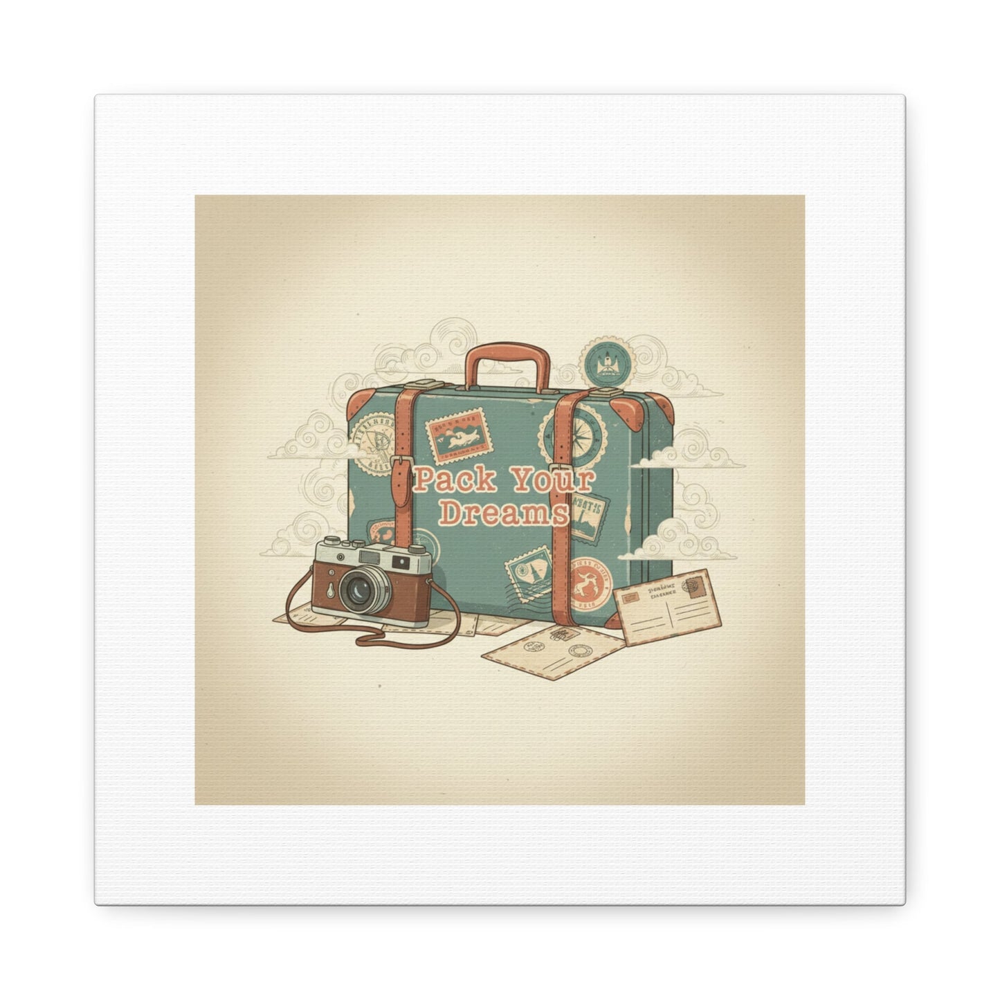Pack Your Dreams Canvas | Retro Travel Postcard, Wanderlust Passport Stamp Art