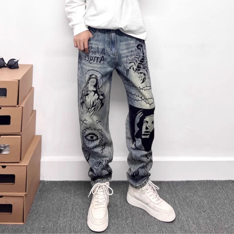 Retro Blue Skinny Jeans High Street Graffiti Printing Loose