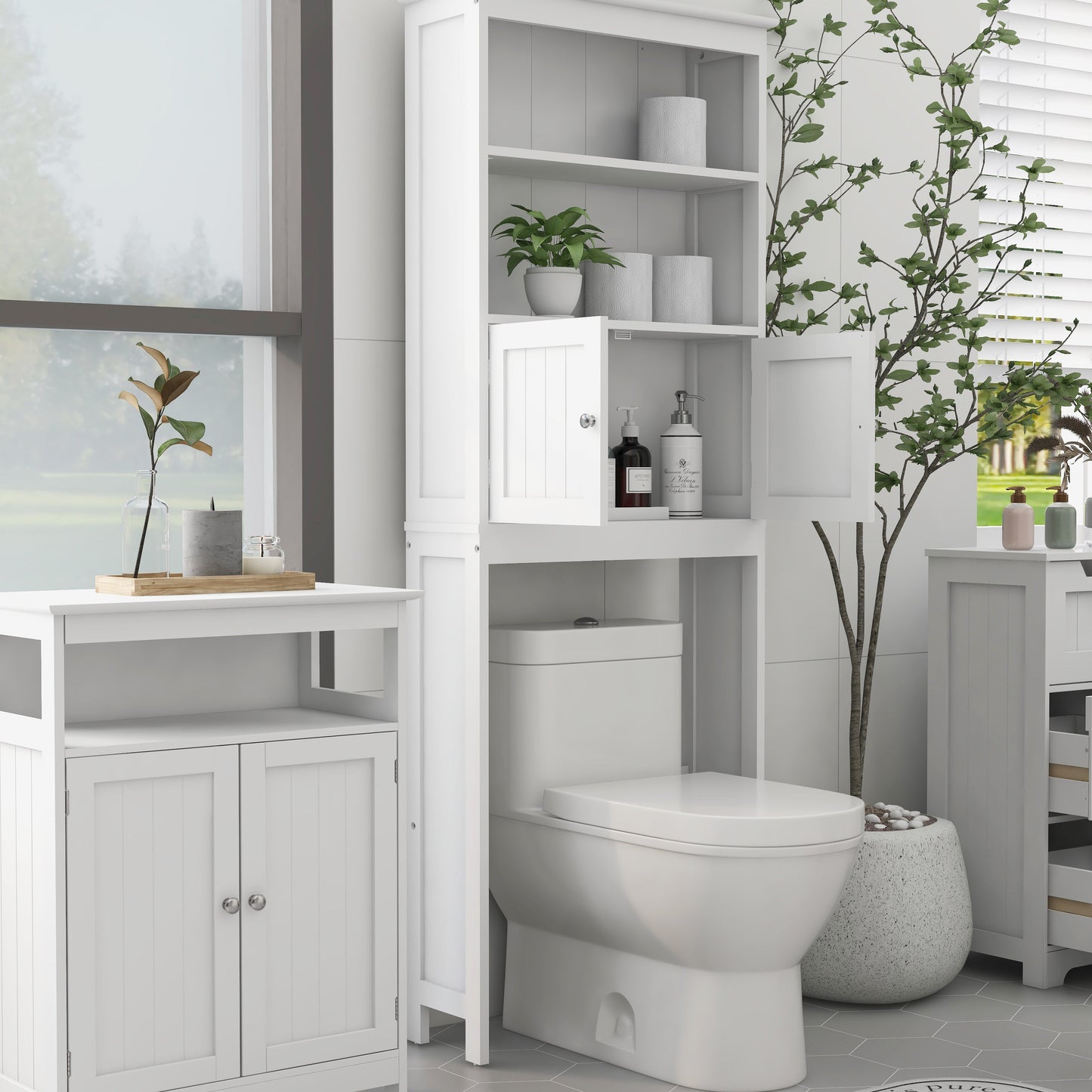Over The Toilet Rack 2 -Tier Toilet Bathroom Spacesaver Storage Shelf with 2 Doors Wood Storage Organizer Cabinet
