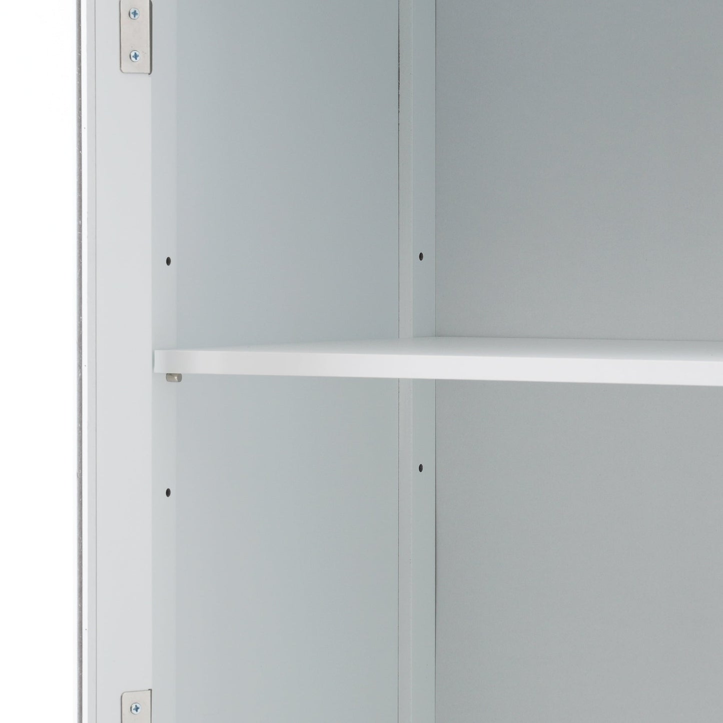 High bathroom storage cabinet with glass door, freestanding, two drawers and adjustable shelves, MDF board, painted white