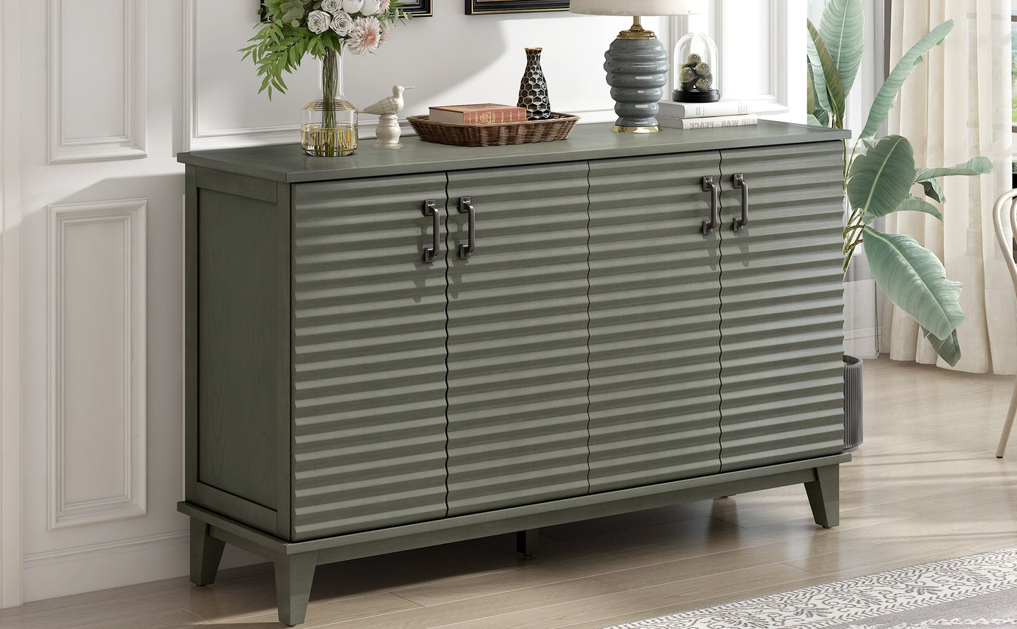 TREXM side panel with 4-door large storage buffet, adjustable shelves and metal handles (antique gray)