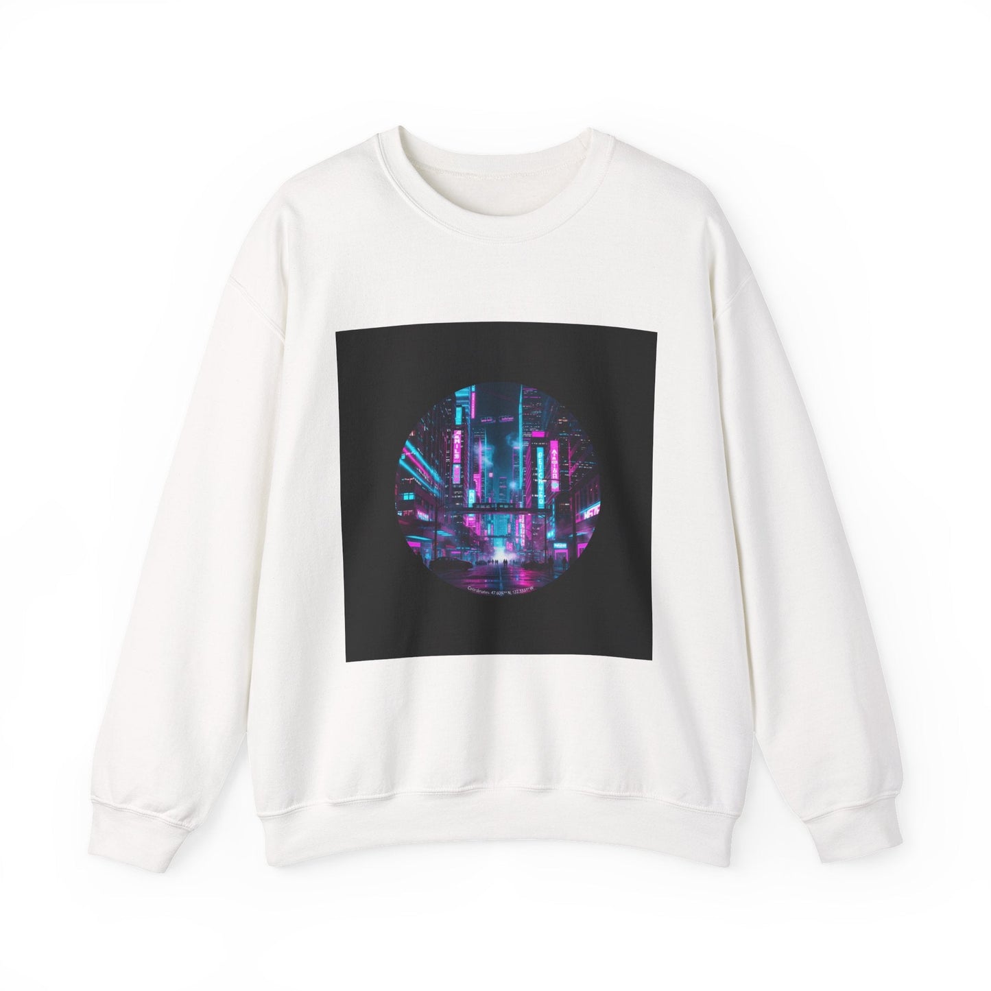 Neon Cyberpunk Skyline Sweatshirt | synthwave cityscape, future city art