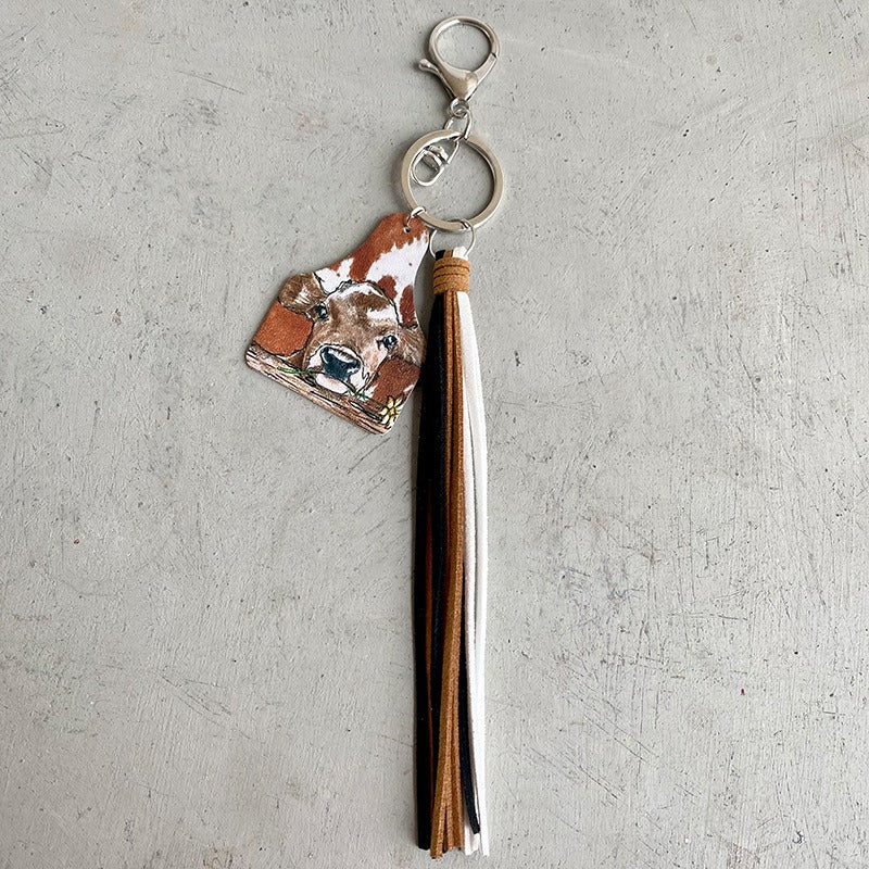 Handmade Popular Jewelry Western Farm Style Leather Keychain Cow Horse Deer Cow Brand Leather Tassels