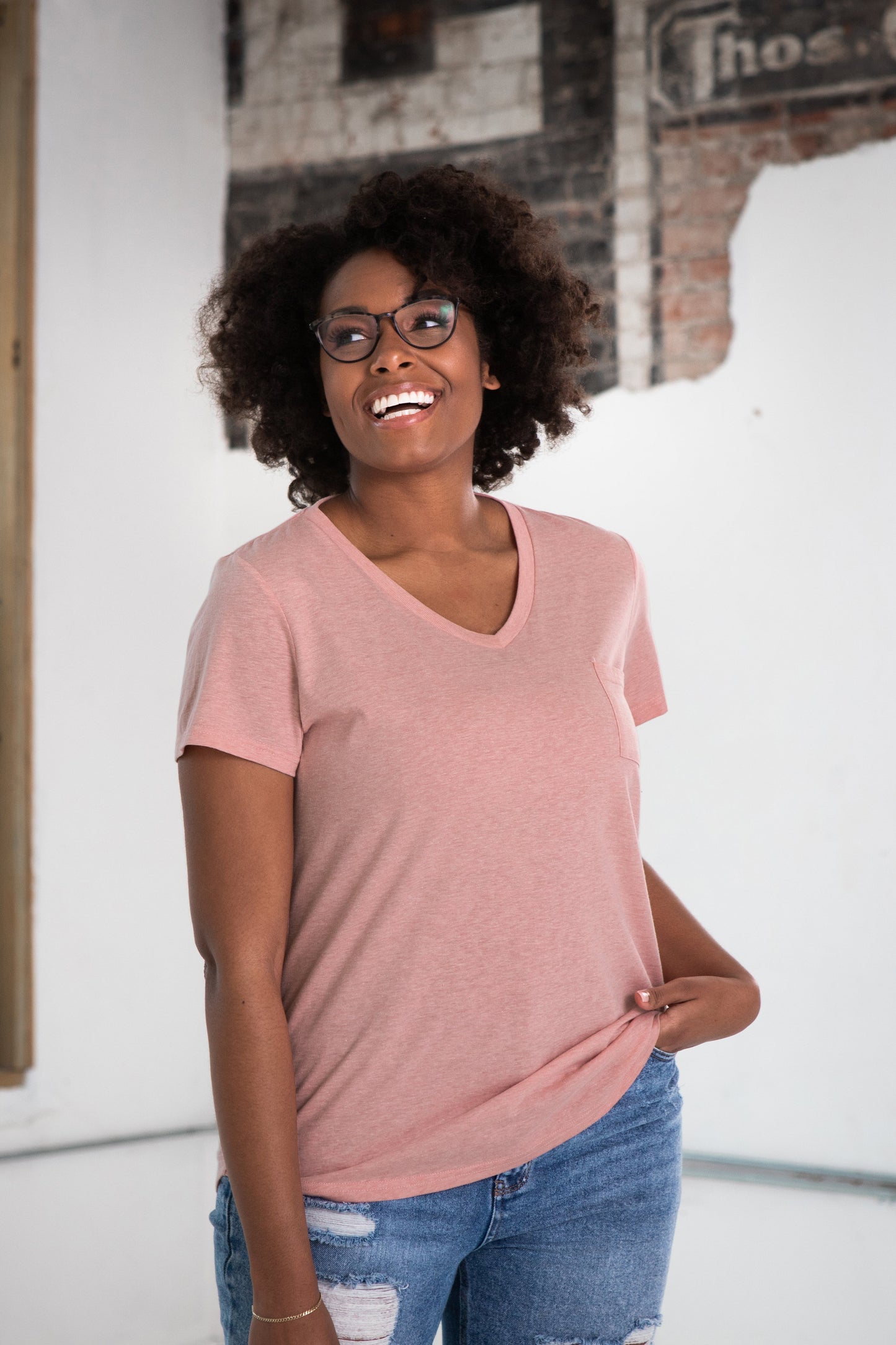 Ladies Eco-Triblend Drop Hem V-Neck Pocket Tee