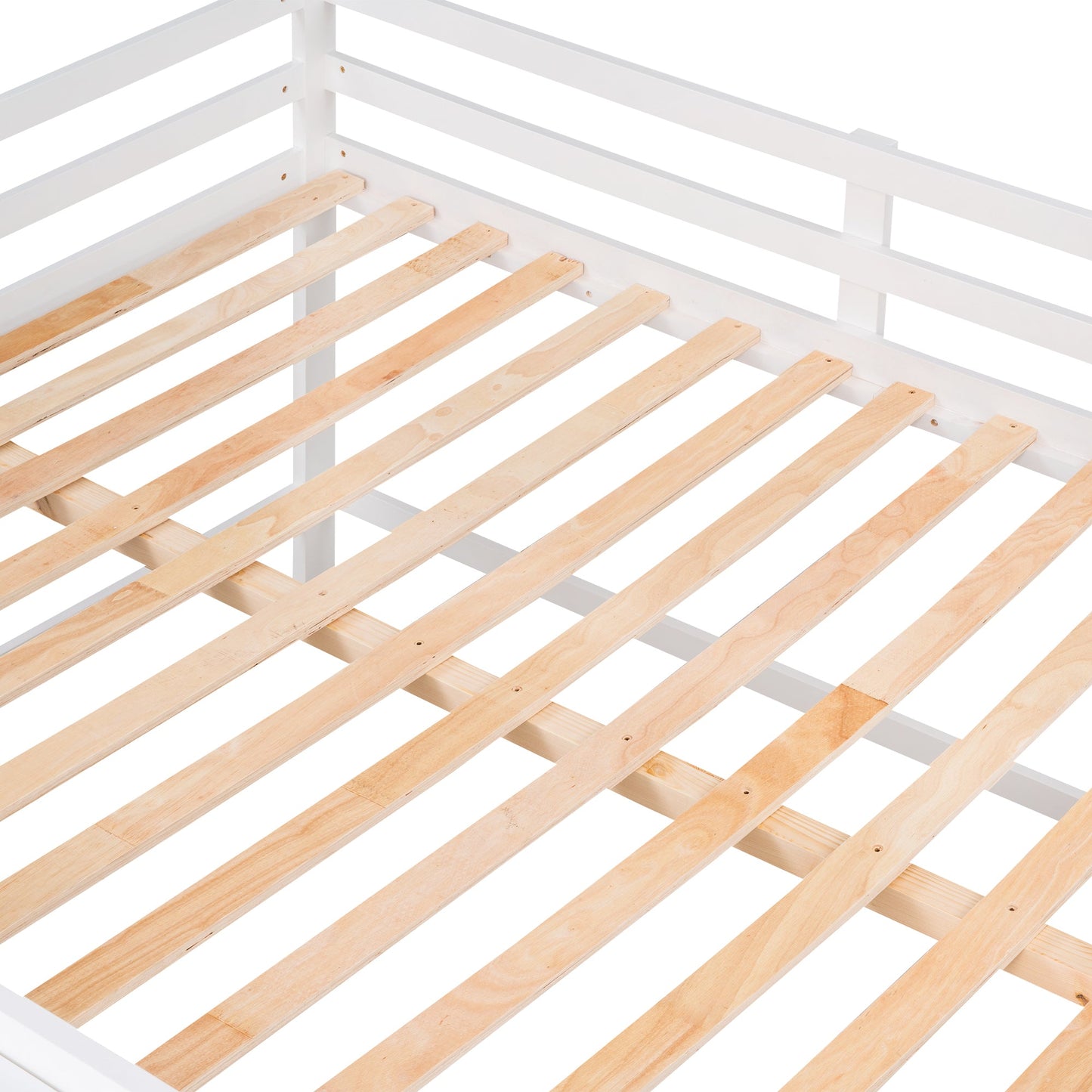 Full Size Low Loft Bed with Rolling Portable Desk, Drawers and Shelves, White