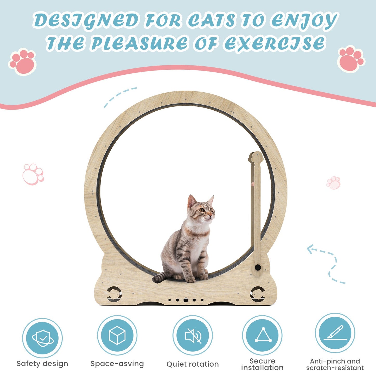 Indoor cat treadmill with carpet, tear device and latch natural wood, 39.4 inches long x 13.2 inches wide x 41.3 inches high