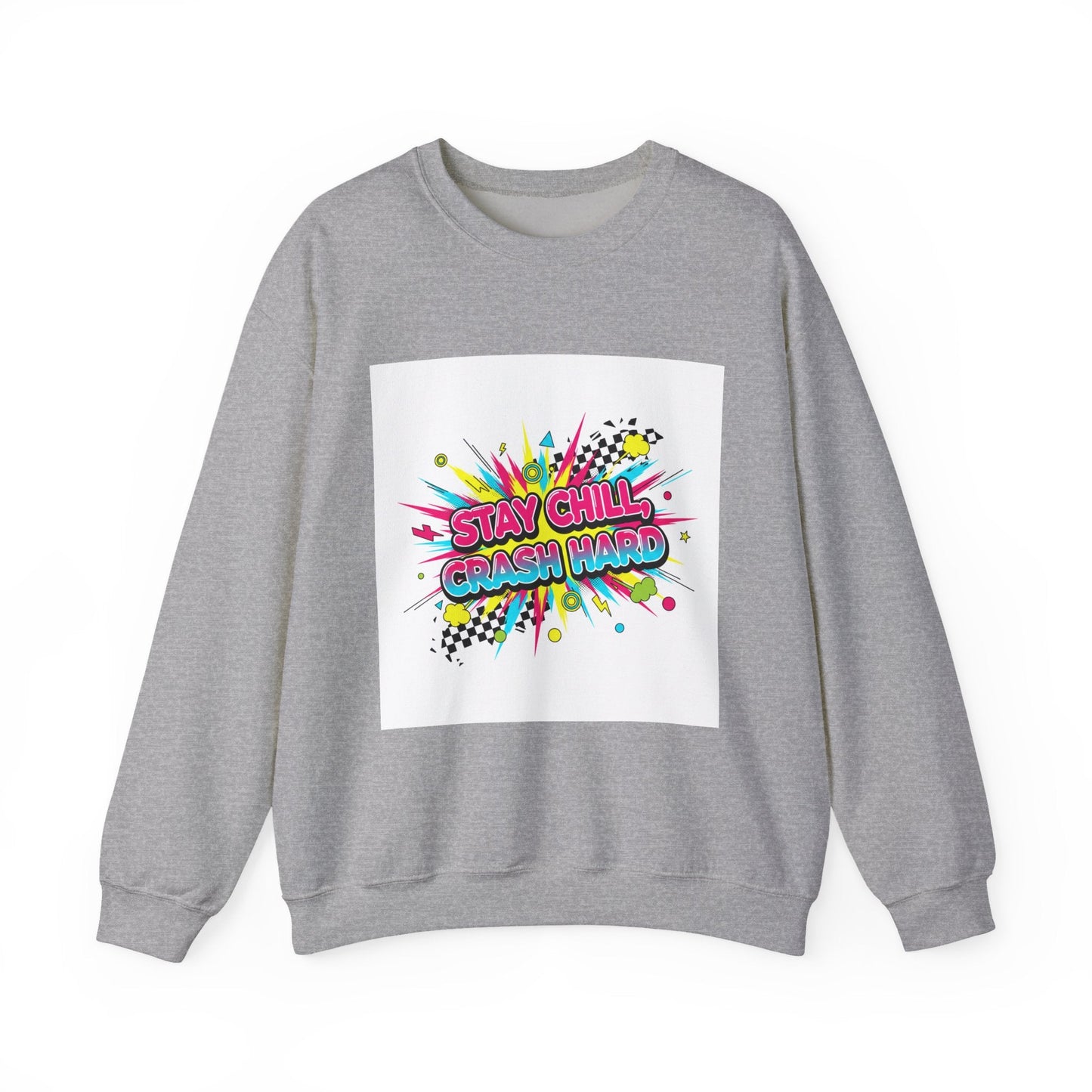 Stay Chill Crash Out Crewneck Sweatshirt | neon graffiti meltdown design