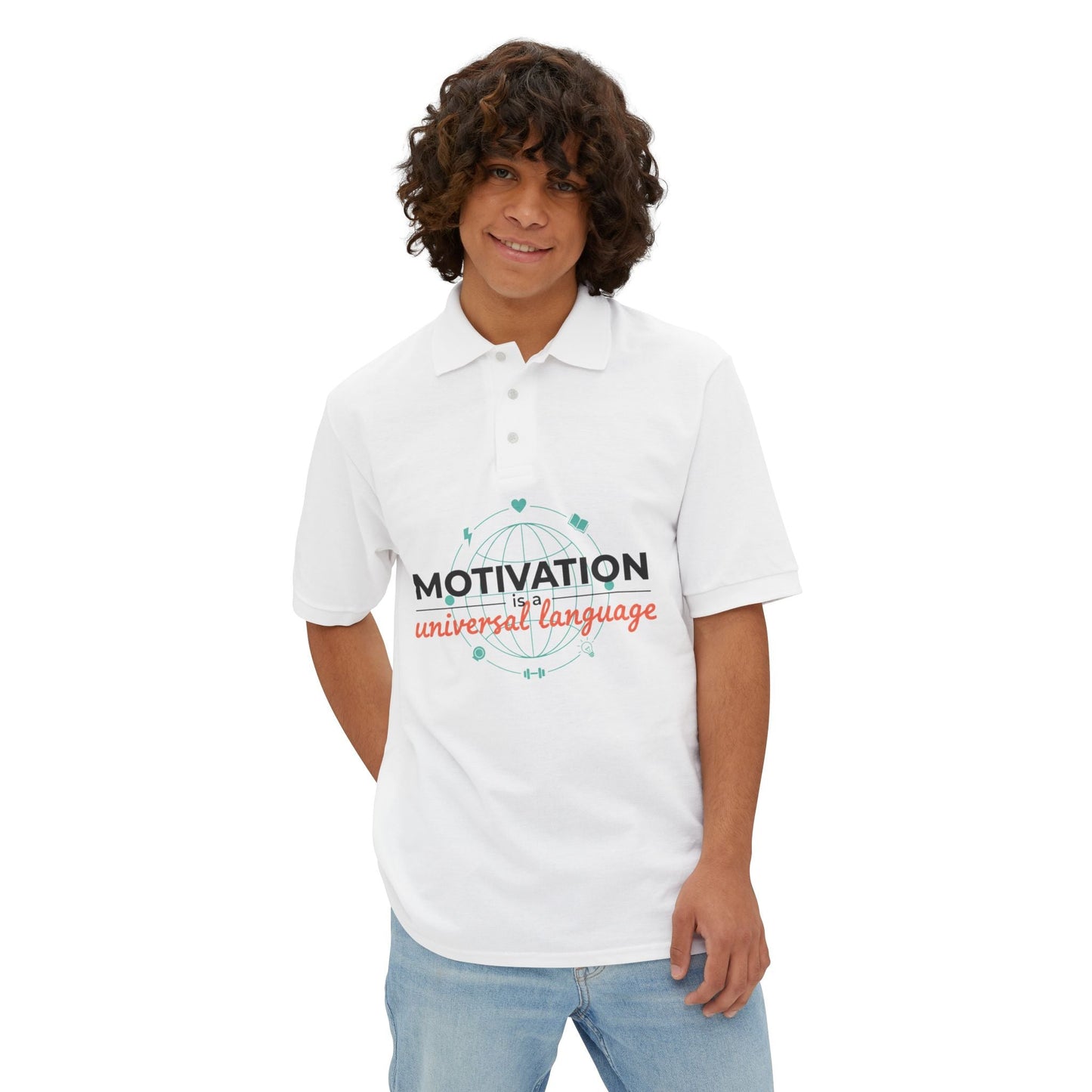 Motivation Is a Universal Language Polo — Tristan's Treehouse Men's Piqué