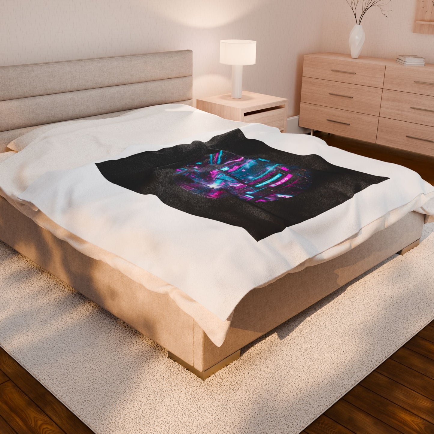 Neon Cyberpunk Cityscape Velveteen Plush Blanket | synthwave skyline