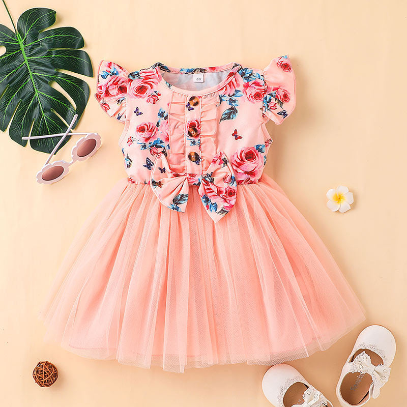 Baby Girl Printed Mesh Dress Sweet And Cute Flying Sleeves
