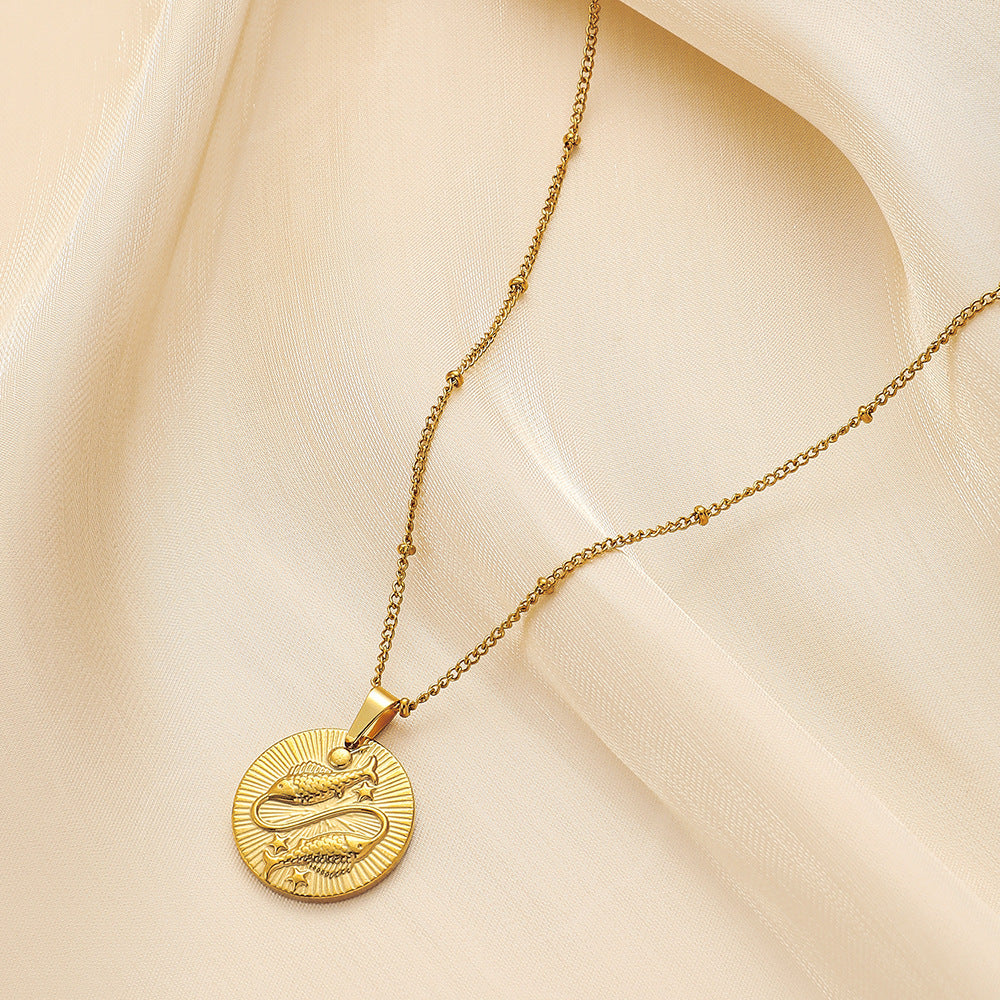 Stainless Steel Round Twelve Constellation Coin Relief Necklace