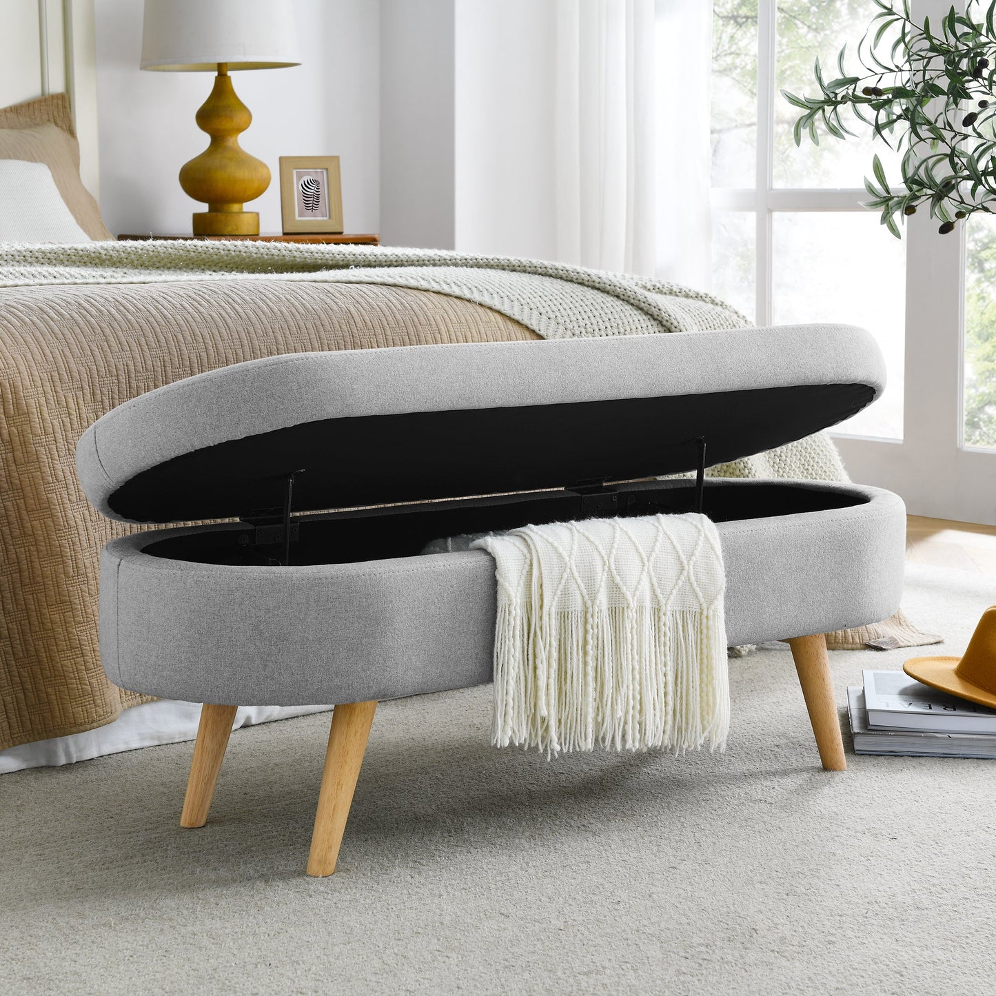 Ottoman Oval Storage Bench Rubber Wood Legs Grey(43.5"x16"x16")