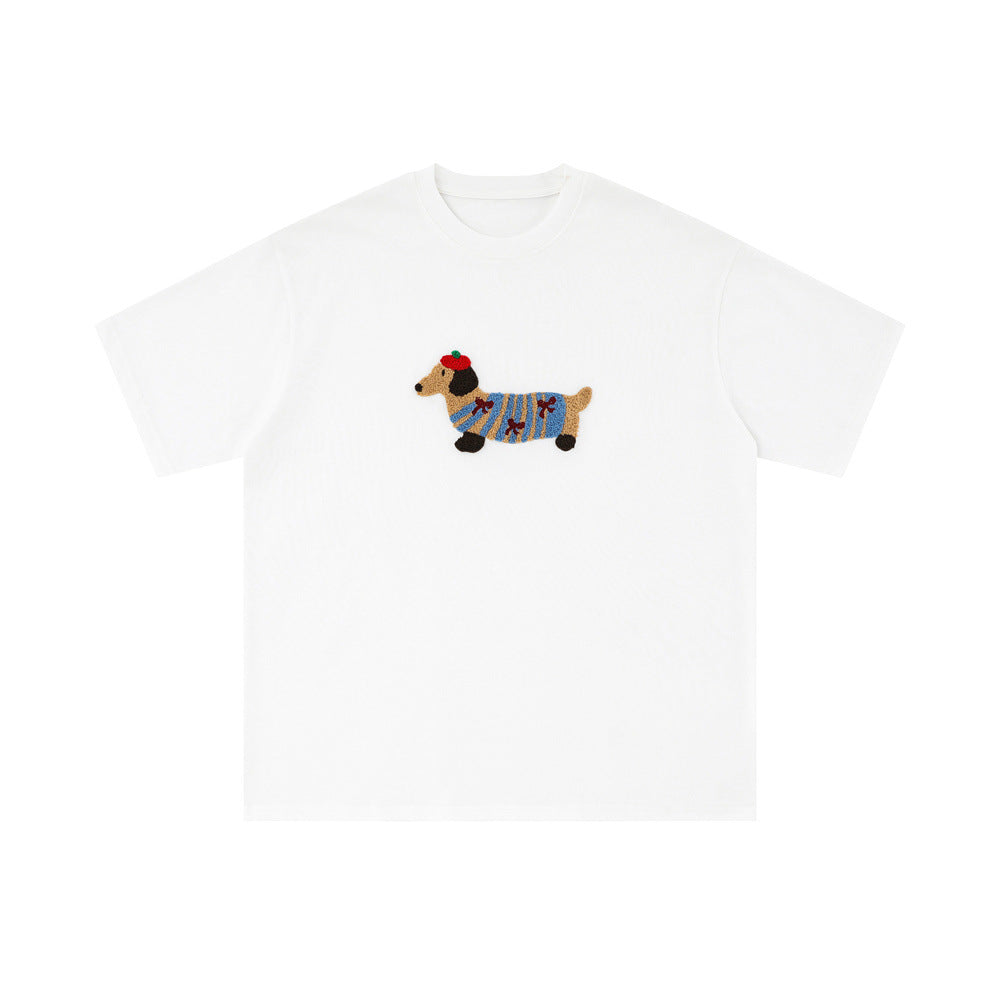 Sausage Dog Flocking Embroidery Short Sleeve T-Shirt Unisex INS Casual Loose Pure Cotton Top Summer Tee Street Fashion
