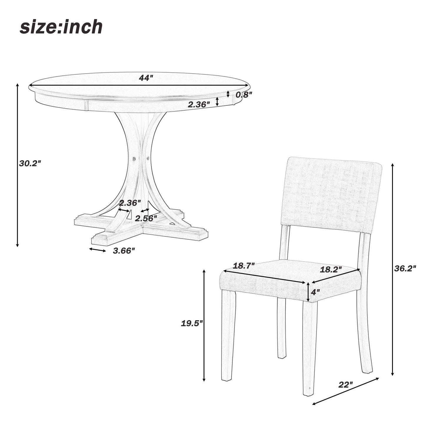 TREXM Five Piece Retro Round Dining Table Set with Curved Brackets and 4 Restaurant Cushioned Chairs (Dark Gray)