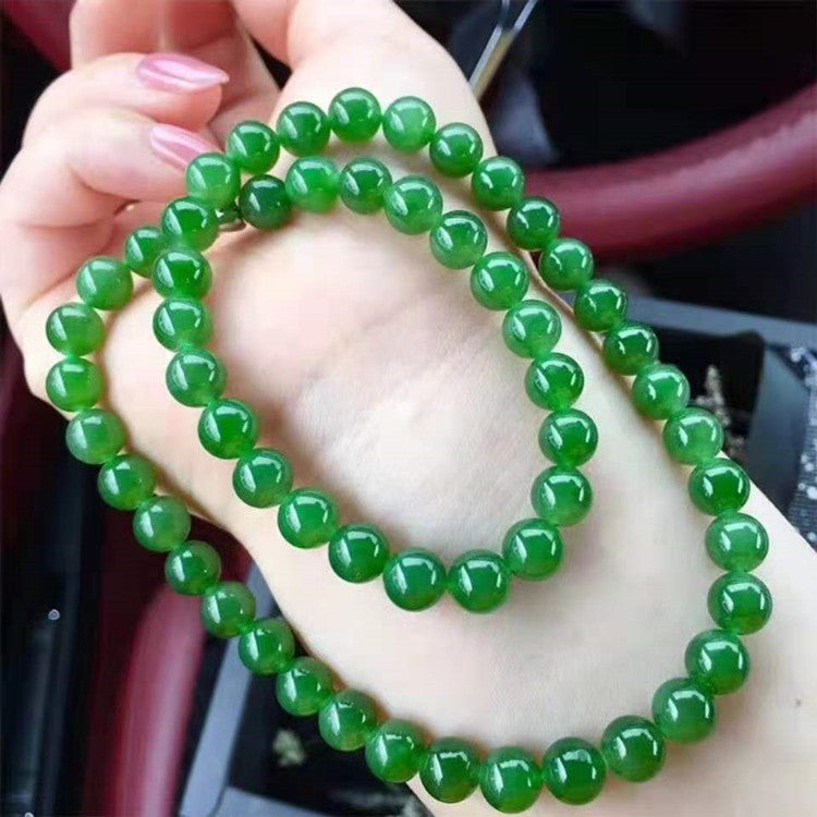 Hetian Biyu necklace, spinach green jade necklace, round bead style, Taiwan green jade necklace