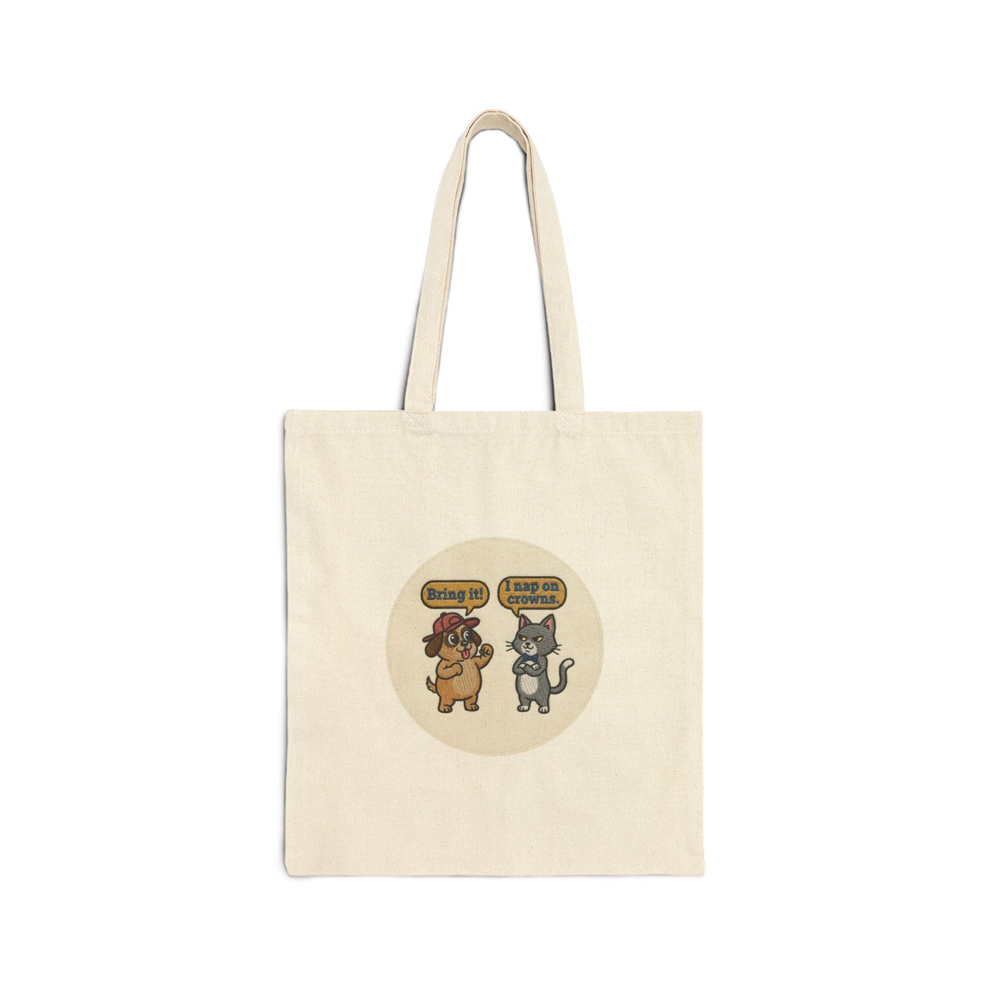 Funny Cat vs Dog Cotton Canvas Tote Bag — Cute Pet Rivalry Design