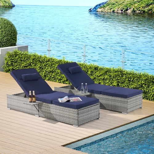 Outdoor PE Rattan Chaise Lounge Set of 2 with Table – Adjustable Patio