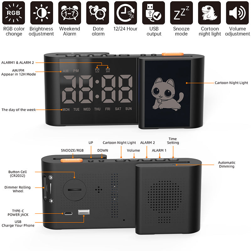 Creative S-shaped Dual-Screen RGB Colorful Alarm Clock, Adorable Cartoon Night Light Electronic Clock
