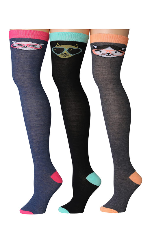 Dark Blue & Black Over The Knee High Cat Face Socks - 3 Pairs