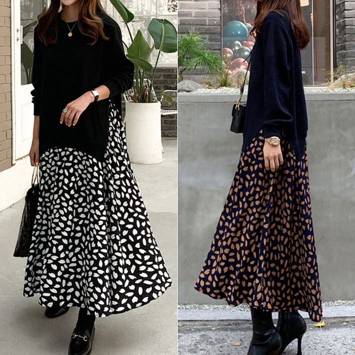 Plus Size Women's Long-sleeved T-shirt Stitching Print Big Swing Dress