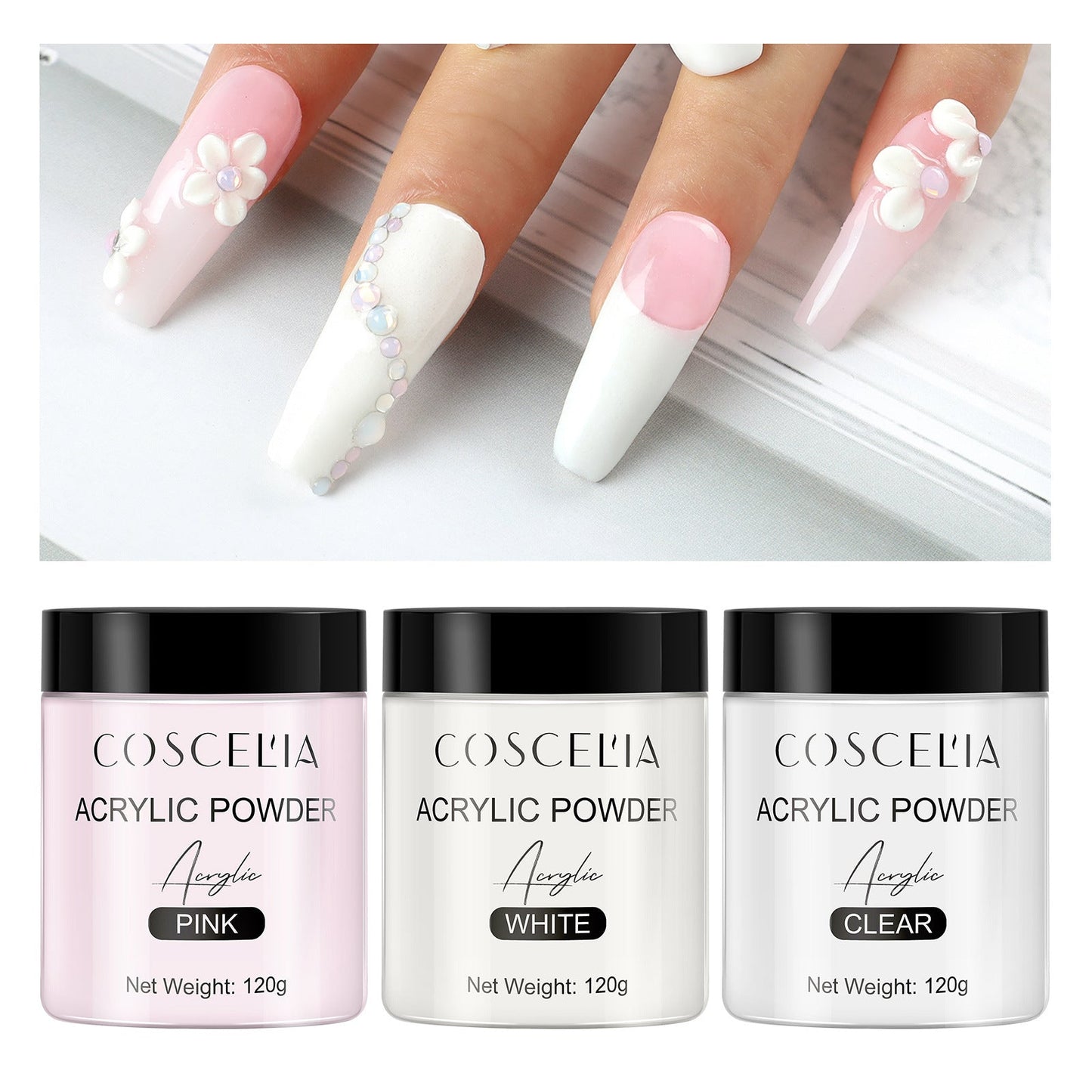 COSCELIA New 120g White Powder Transparent Crystal Powder 150ML Crystal Liquid Nail Shop Nail Tool Set