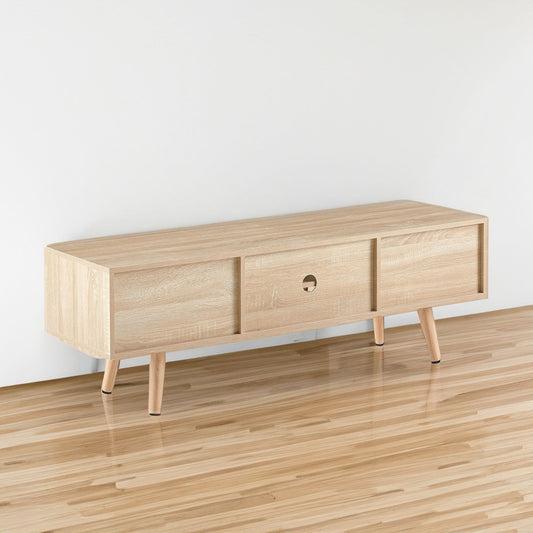 55.12" Rattan TV cabinet double sliding doors for storage adjustable shelf solid wood legs TV console for living room natural