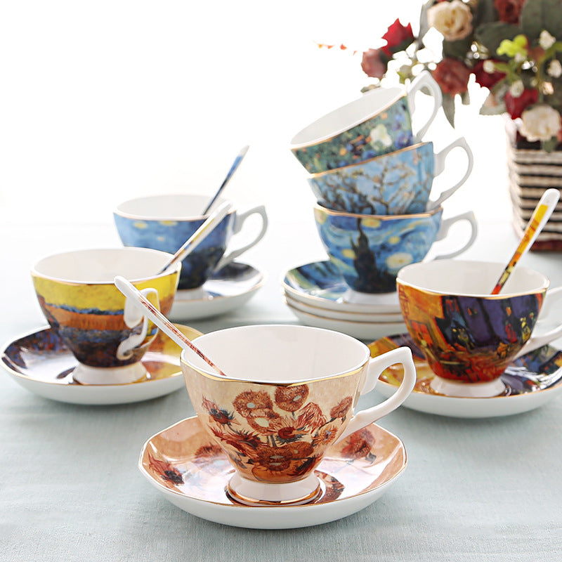 British Luxe Saucer and Spoon Afternoon Tea Cup with Van Gogh Oil Painting Design, Bone China Coffee Cup, Creative Souvenir Ceramic Mug