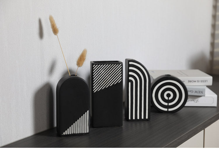 Black And White Striped Ceramic Dried Flower Vase Decorative Art Ornaments